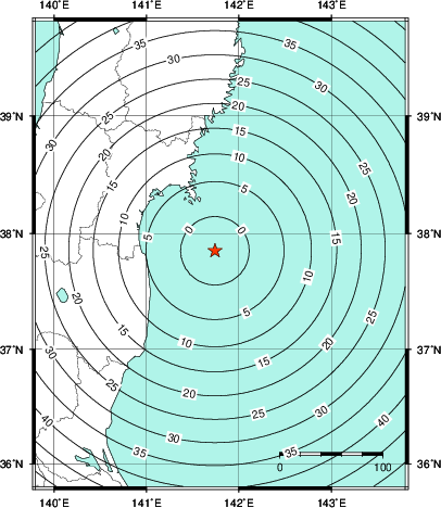 緊急地震速報第1報提供から主要動到達までの時間及び推計震度分布図