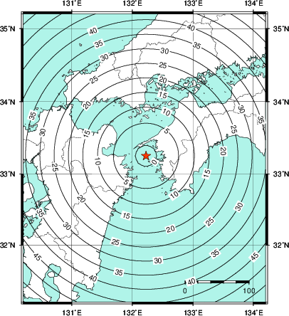 緊急地震速報第1報提供から主要動到達までの時間及び推計震度分布図
