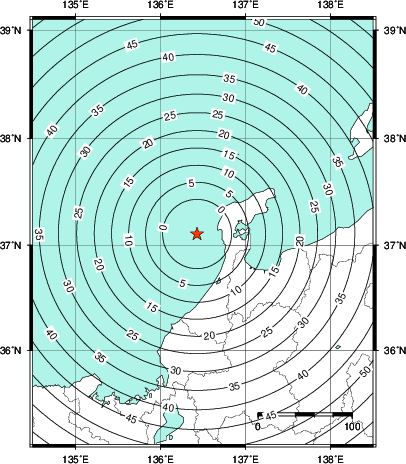 緊急地震速報第1報提供から主要動到達までの時間及び推計震度分布図
