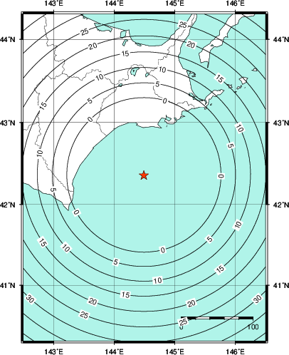 緊急地震速報第1報提供から主要動到達までの時間及び推計震度分布図