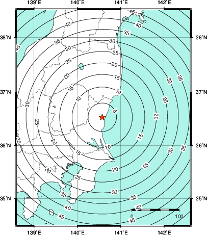 緊急地震速報第1報提供から主要動到達までの時間及び推計震度分布図