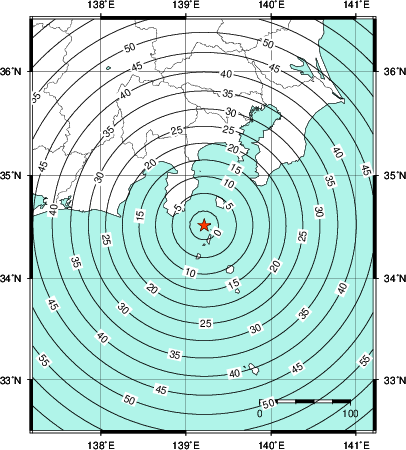 緊急地震速報第1報提供から主要動到達までの時間及び推計震度分布図