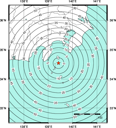 緊急地震速報第1報提供から主要動到達までの時間及び推計震度分布図