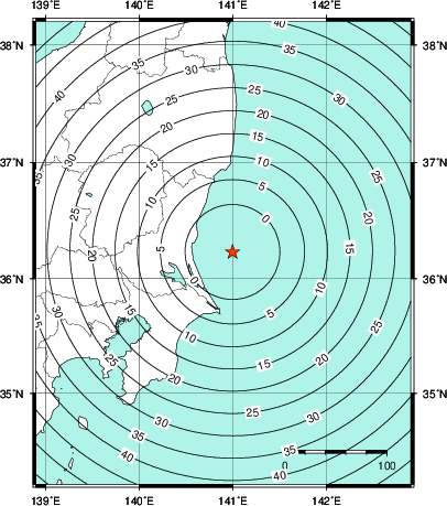 緊急地震速報第1報提供から主要動到達までの時間及び推計震度分布図