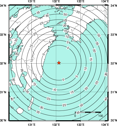 緊急地震速報第1報提供から主要動到達までの時間及び推計震度分布図