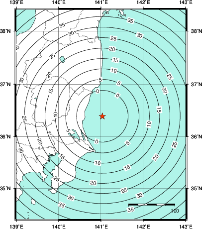 緊急地震速報第1報提供から主要動到達までの時間及び推計震度分布図