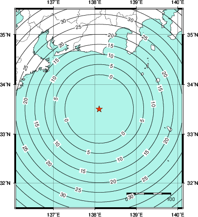 緊急地震速報第1報提供から主要動到達までの時間及び推計震度分布図