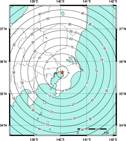 緊急地震速報第1報提供から主要動到達までの時間及び推計震度分布図