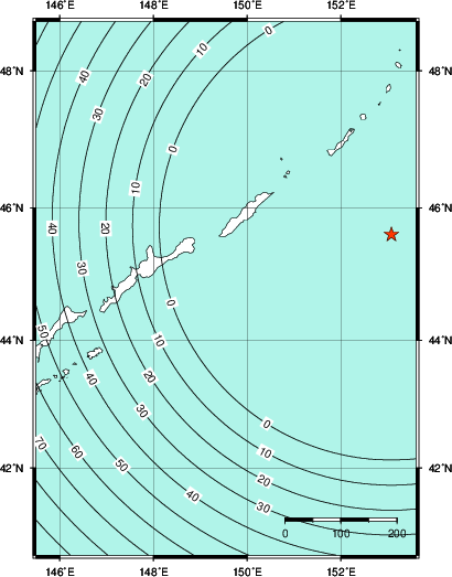 緊急地震速報第1報提供から主要動到達までの時間及び推計震度分布図