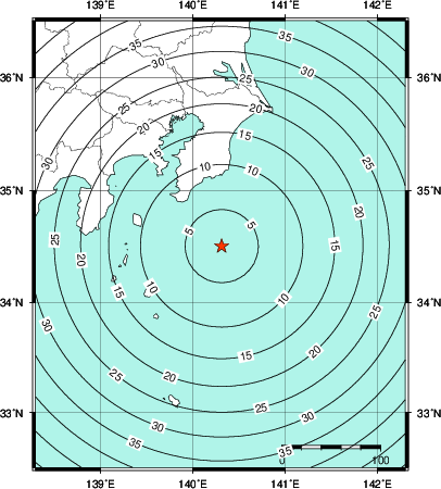 緊急地震速報第1報提供から主要動到達までの時間及び推計震度分布図