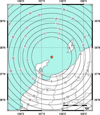 緊急地震速報第1報提供から主要動到達までの時間及び推計震度分布図