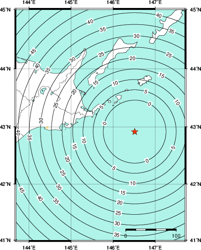 緊急地震速報第1報提供から主要動到達までの時間及び推計震度分布図