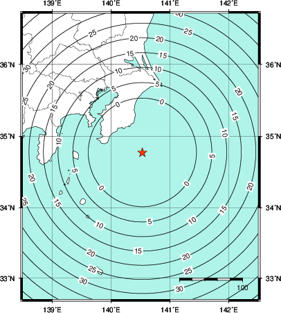 緊急地震速報第1報提供から主要動到達までの時間及び推計震度分布図