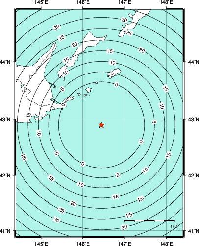 緊急地震速報第1報提供から主要動到達までの時間及び推計震度分布図