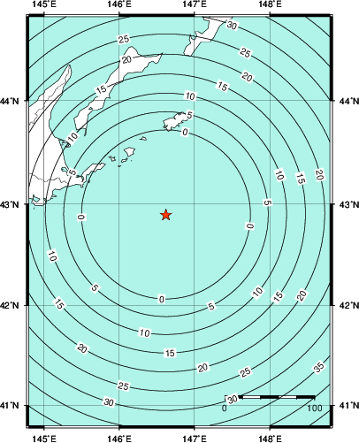 緊急地震速報第1報提供から主要動到達までの時間及び推計震度分布図