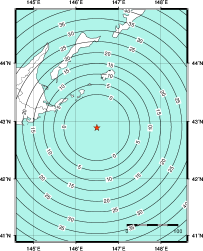 緊急地震速報第1報提供から主要動到達までの時間及び推計震度分布図