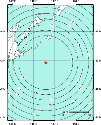 緊急地震速報第1報提供から主要動到達までの時間及び推計震度分布図
