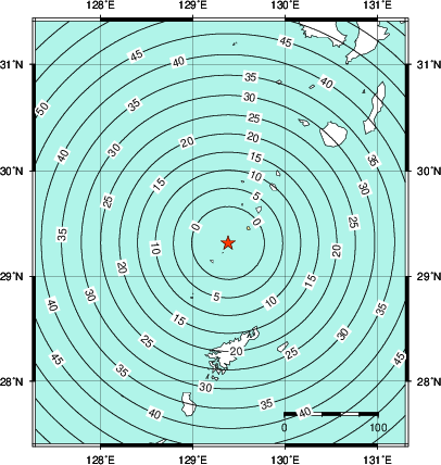 緊急地震速報第1報提供から主要動到達までの時間及び推計震度分布図