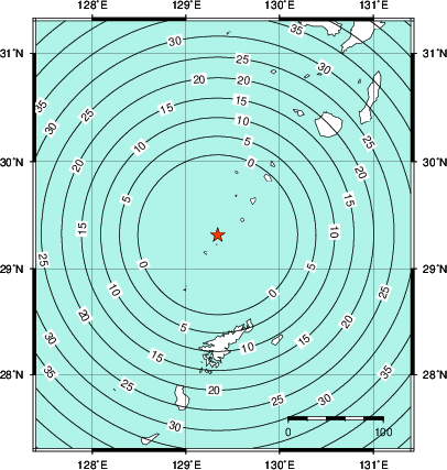 緊急地震速報第1報提供から主要動到達までの時間及び推計震度分布図