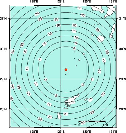 緊急地震速報第1報提供から主要動到達までの時間及び推計震度分布図