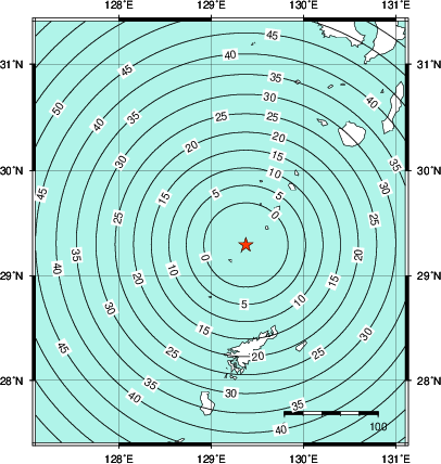 緊急地震速報第1報提供から主要動到達までの時間及び推計震度分布図