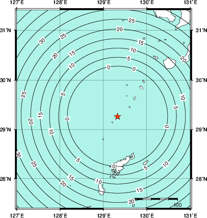 緊急地震速報第1報提供から主要動到達までの時間及び推計震度分布図
