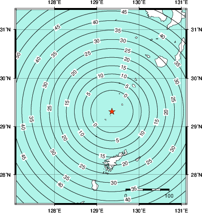 緊急地震速報第1報提供から主要動到達までの時間及び推計震度分布図