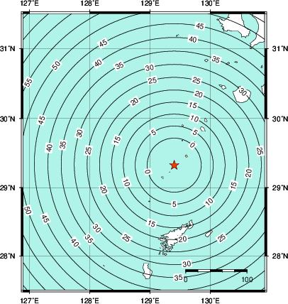 緊急地震速報第1報提供から主要動到達までの時間及び推計震度分布図