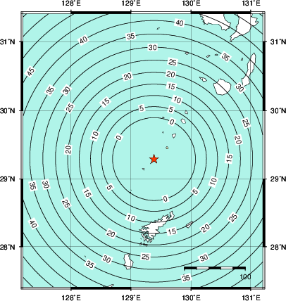 緊急地震速報第1報提供から主要動到達までの時間及び推計震度分布図
