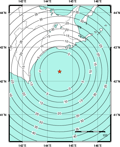 緊急地震速報第1報提供から主要動到達までの時間及び推計震度分布図