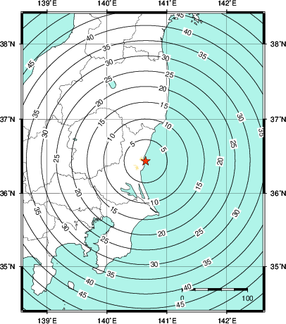 緊急地震速報第1報提供から主要動到達までの時間及び推計震度分布図