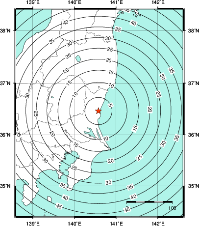 緊急地震速報第1報提供から主要動到達までの時間及び推計震度分布図