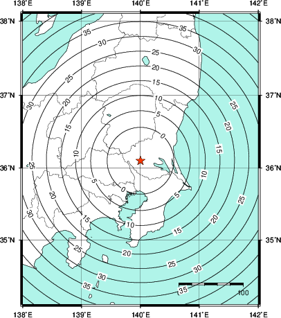 緊急地震速報第1報提供から主要動到達までの時間及び推計震度分布図