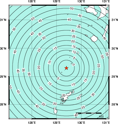 緊急地震速報第1報提供から主要動到達までの時間及び推計震度分布図
