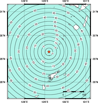 緊急地震速報第1報提供から主要動到達までの時間及び推計震度分布図