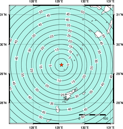 緊急地震速報第1報提供から主要動到達までの時間及び推計震度分布図