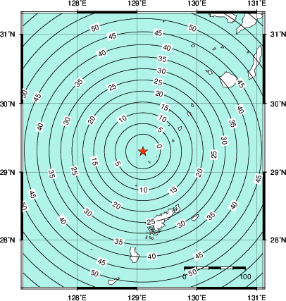 緊急地震速報第1報提供から主要動到達までの時間及び推計震度分布図