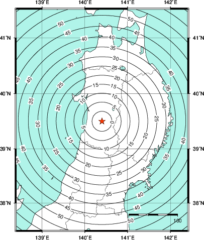 緊急地震速報第1報提供から主要動到達までの時間及び推計震度分布図