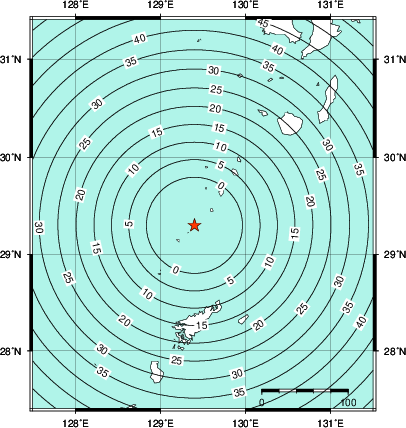 緊急地震速報第1報提供から主要動到達までの時間及び推計震度分布図