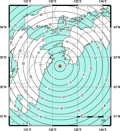 緊急地震速報第1報提供から主要動到達までの時間及び推計震度分布図