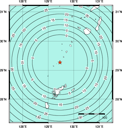 緊急地震速報第1報提供から主要動到達までの時間及び推計震度分布図