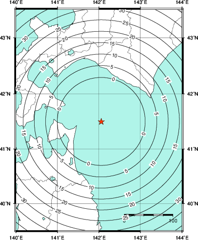 緊急地震速報第1報提供から主要動到達までの時間及び推計震度分布図