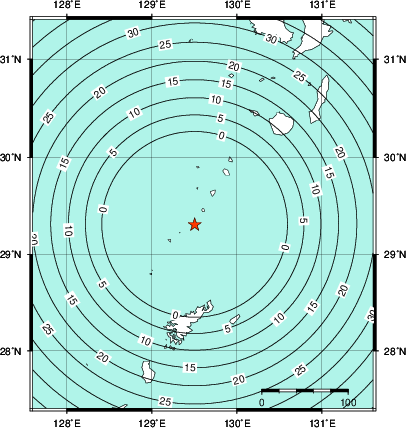緊急地震速報第1報提供から主要動到達までの時間及び推計震度分布図