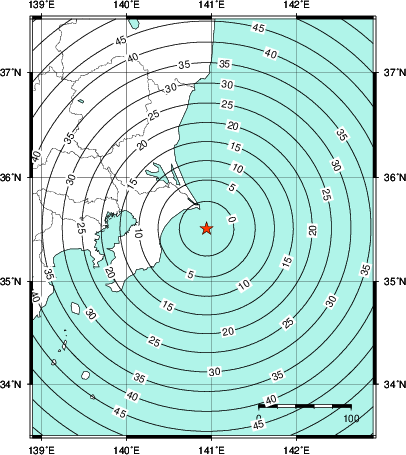 緊急地震速報第1報提供から主要動到達までの時間及び推計震度分布図