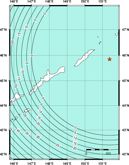 緊急地震速報第1報提供から主要動到達までの時間及び推計震度分布図
