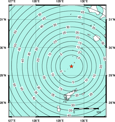 緊急地震速報第1報提供から主要動到達までの時間及び推計震度分布図