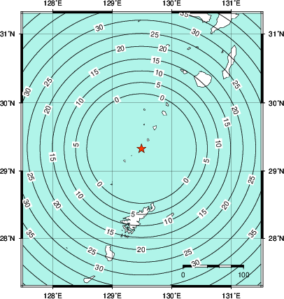 緊急地震速報第1報提供から主要動到達までの時間及び推計震度分布図