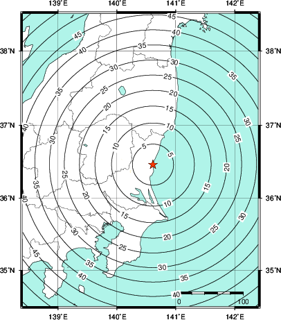 緊急地震速報第1報提供から主要動到達までの時間及び推計震度分布図