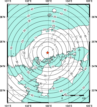 緊急地震速報第1報提供から主要動到達までの時間及び推計震度分布図