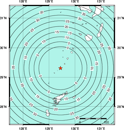 緊急地震速報第1報提供から主要動到達までの時間及び推計震度分布図